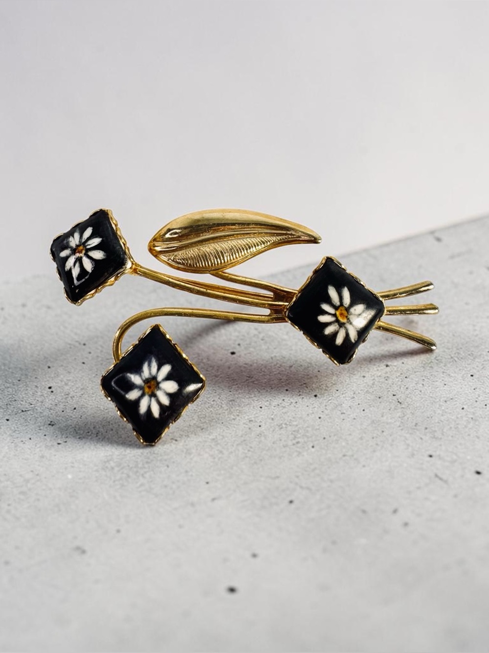 Gold Black Enamel Daisy Brooch